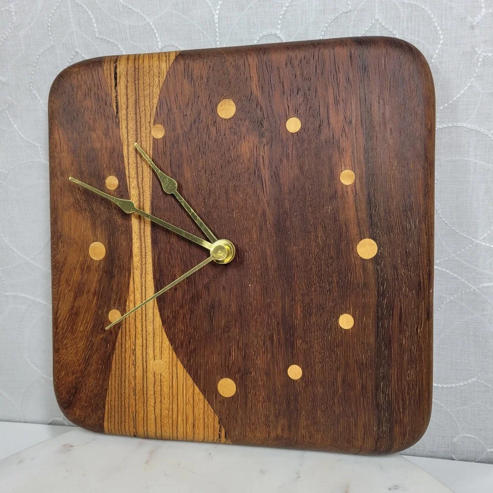 VTG Mixed Wood Wall Clock MCM Brass Hands Quartz Japan Studio Handmade Works